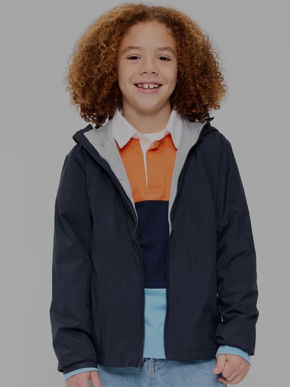 Old Navy Boys' Navy Hooded Rain Jacket with Light Gray Lining